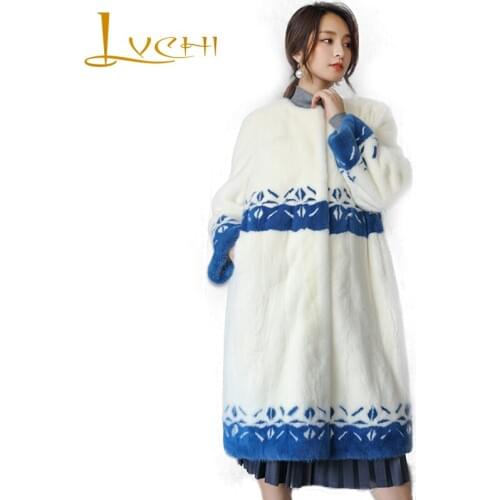 LVCHI Natural fur Womens Causal Print Mink Coats Women Black Fur Leather Whole Skin Coat Long Sleeve X-Long Print Blue Coat