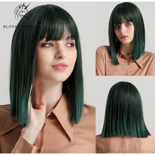 Blonde Unicorn Synthetic Medium Length Straight Bob Ombre Green Wig With Bangs for Black/White Women Cosplay Party Hair Wigs