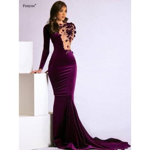 Gorgeous Caftan Purple Long Sleeve Evening Dresses 2021 New Arrival Delicate 3D Flowers Mermaid Velvet Evening Party Gowns