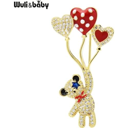 Wuli&baby Lovely Holding Balloons Bear Brooches Women Cubic Zirconia Bear Animal Party Casual Brooch Pins Gifts
