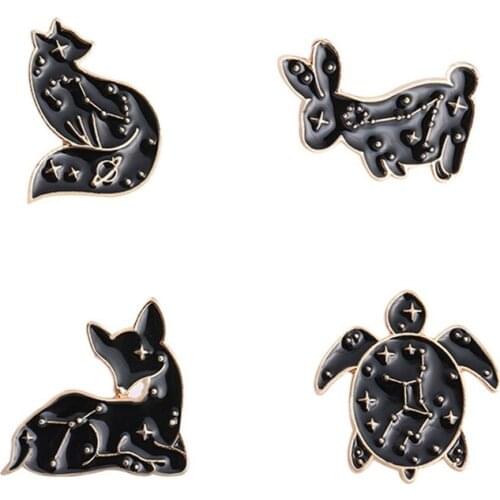 Constellation Starry Sky Stars Enamel Pin Bunny Rabbit Deer Sea Turtle Black Gold Animal Badges Brooches For Kid Women Wholesale