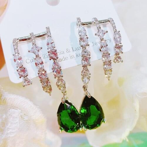 MENGJIQIAO Korean Elegant Green Waterdrop Crystal Drop Earrings For Women Girls Fashion 3 Line Zircon Oorbellen Jewelry Gifts