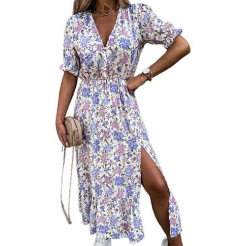 Women Long Dress Floral Print High Split V-neck Button Puff Short Sleeve Maxi Dress Streetwear for Summer Party Vestidos Robe