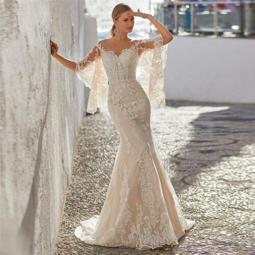 Scoop Neck Women Fashion Mermaid Wedding Dresses Lace Appliques Slim Fitted Ladies Bridal Gowns Sexy Open Back Trumpet Vestidos