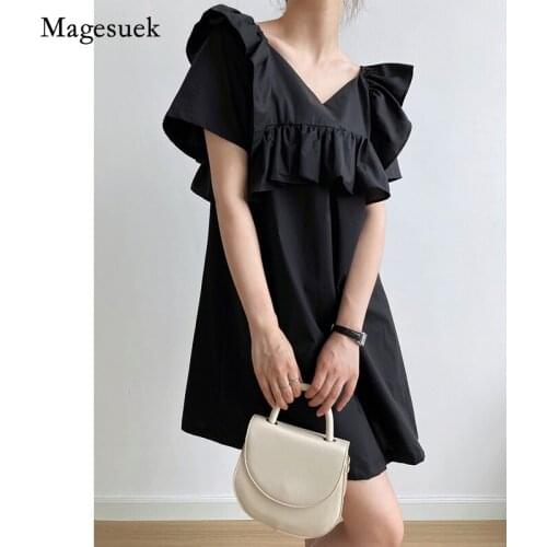 Retro V-neck Solid Ruffle Slim Dress for Women 2021 Korean Summer Fashion Dress Elegant Office Lady Dress Vestido Robe 15559