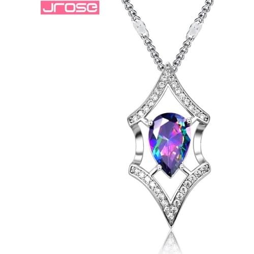 JROSE 2019 Classic Water Drop Muticolor Purple Cubic Zircon Pendant Necklace For Women Wedding Silver Jewelry Drop Shipping