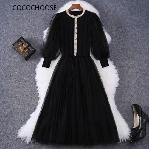 Autumn winter 2020 women black knitted sweater patchwork mesh dress lantern sleeve elegant dresses fashion clothes