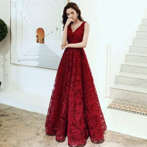 Burgundy Deep V-Neck Evening Dress Elegant Sleeveless Embroidery A-Line Lace Up New Floor-Length Woman Formal Party Gowns A1288