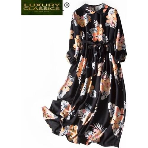 Dress Women Clothes Summer 2021 Vintage Real Silk Dresses for Women Elegant Floral Long Dress Woman Black Vestidos A3439