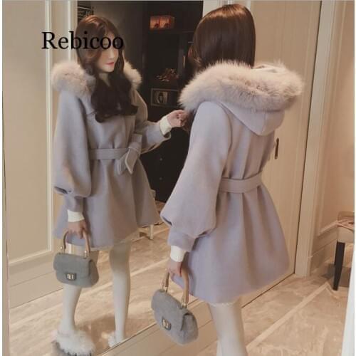 Winter New Style Rebicoo Fur Collar Short-height Thick Woolen Jacket Womens Mid-length Waist Hugging Woolen Overcoat Fashion