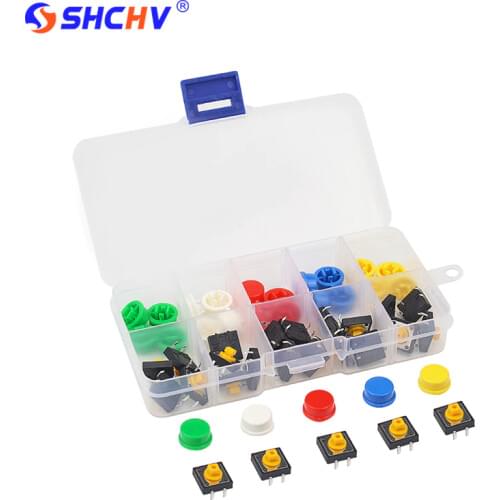 25Pcs Tactile Push Button Switch Key 12*12*7 mm Micro Switch Button +25Pcs Button Cap + Box for UNO R3 Raspberry Pi 3