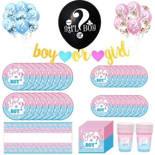 Gender Reveal Pink Blue Birthday Party Paper Plate Cup Disposable Tableware Happy Birthday Balloons Banner Decorations Supplies