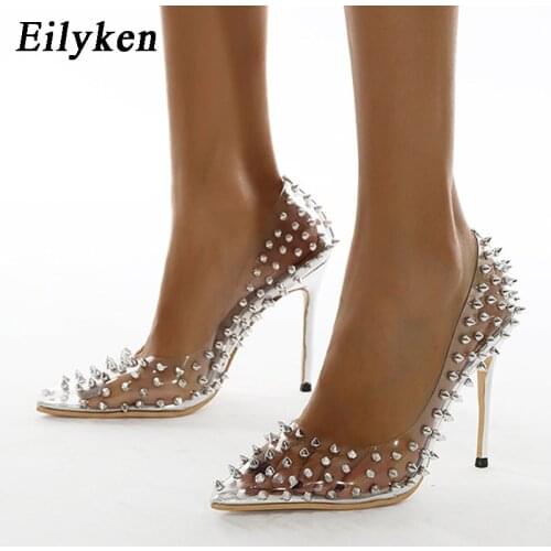 Eilyken Silver Sexy Rivet PVC Transparent Women Pumps Fashion Pointed Toe Nightclub Stripper Thin High Heels Femme Party Shoes