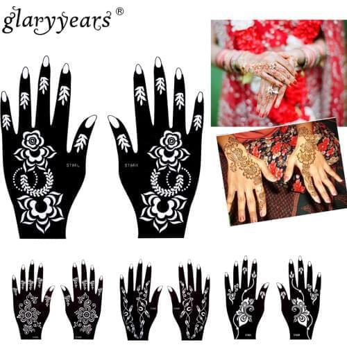 Glaryyears 32 Designs 1 Pair Flower Lace Hands Henna Stencil Glitter Airbrush for Women Hand Makeup Paint Mehndi Tattoo Template
