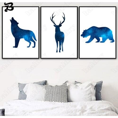 Canvas Painting for Living Room Abstract Blue Color Wolf Deer Bear Nordic Posters and Prints Wall Art Animals Home Wall Decor