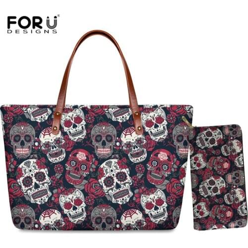 FORUDESIGNS Floral Skull Print Handbag Sets for Women Colorful Female Ladies Tote Bags Large Capacity Top-handle Bags Waterproof