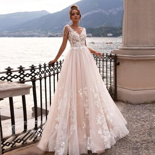 Summer Soft Tulle Champagnes Soft Tulle V Neck Boho Bridal Gown Backless Lace Appliques Pearls Bride Beach Wedding Dress Sexy