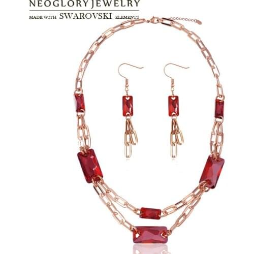 Neoglory Crystal Jewelry Set Red Long Chain Gold Color Noble Style Necklace & Earrings Embellished With Crystals From Swarovski