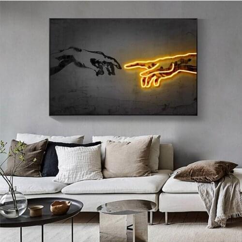 Wall Art Canvas Home Decor Creation of Adam Painting HD Print Neon Lights Modern Posters Cuadros Modular Pictures Living Room