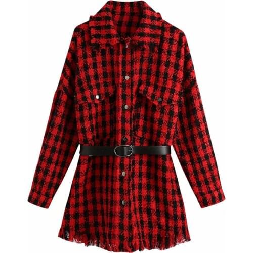 New Pop Women Jacket Checked Full Sleeves Collared Belted Frayed hem Classic Style Coat Vogue Outerwear Tops veste femme