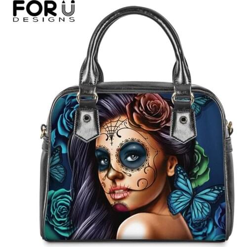 FORUDESIGNS New Arrival Blue Skull Girls And Rose Design Ladies Casual Shopping Crossbody Tote Bags Women PU Leather Handbag Sac