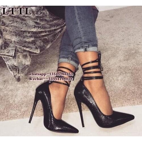 Sexy Black snake Leather Pointed Toe Women Pumps Lace Up 10CM High Heels Summer Sandals Wedding Evening Dress Shoes Woman