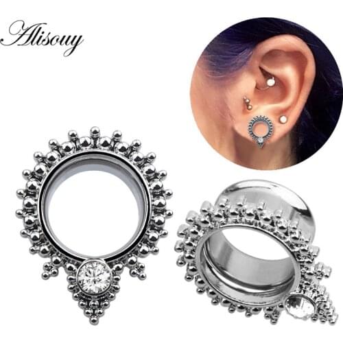 Alisouy 2pcs body Piercing Jewelry flared ear tunnel plugs silver Color ear piercing Water Drop Gem dangle ear expander gauges