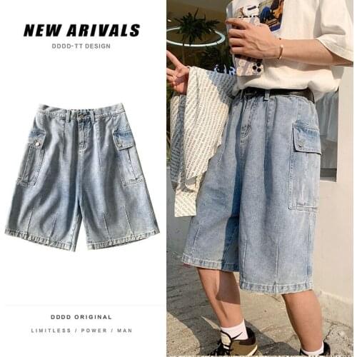 Oversize Straight Wide-leg Jeans Mens Trendy Washed Blue Shorts Loose Overalls Pockets Plus Size Six-point Pants Thin Summer