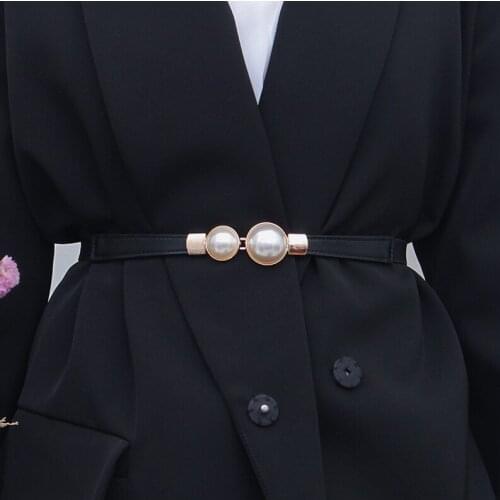 Double Pearl Women Belt Black Red White PU Leather Ladies Dress Belt Elastic Thin Female Skirt Waist Belt Waistband