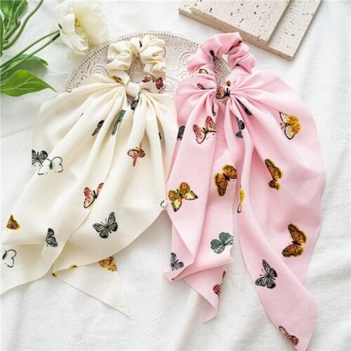Chiffon Butterfly Pattern Ponytail Scarf Women Girls Bow Hair Scrunchies Floral Long Streamer Ribbon Hair Bands Hair Accessories