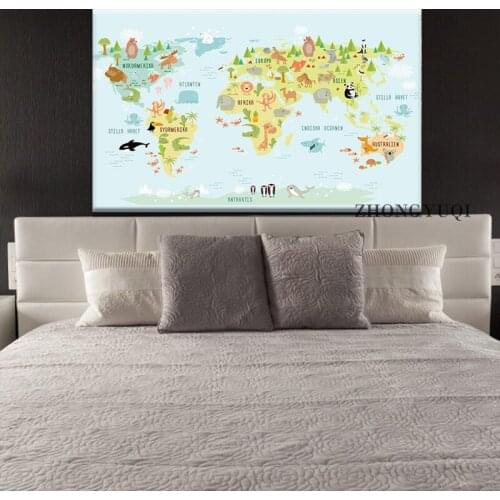 Nordic Animals World Map Canvas Painting Nursery Posters and Prints Cartoon Wall Art Pictures for Kids Bedroom