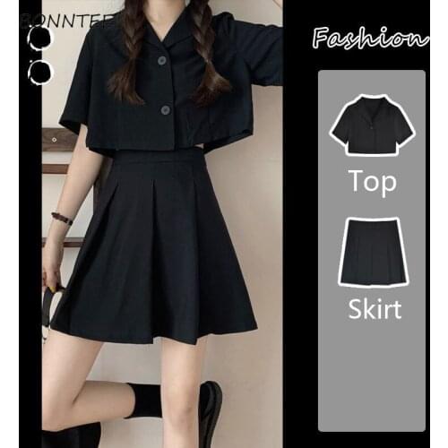 Women Sets Cop Top Turn-down Collar T-shirt Pleated Mini Solid Skirt Black JK Students Outfit Preppy Style Fashion Summer Female