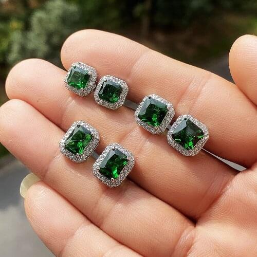 Female Luxury Crystal Square Stud Earrings Vintage Silver Wedding Jewelry White Green Blue Zircon Stone Earrings For Women