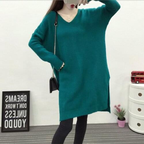 Womens Knitted Sweater Plus Size 2019 Split Long Sleeve Loose V-Neck Sweater Lady Tops Pullover Sweater Winter Knitted Oversized