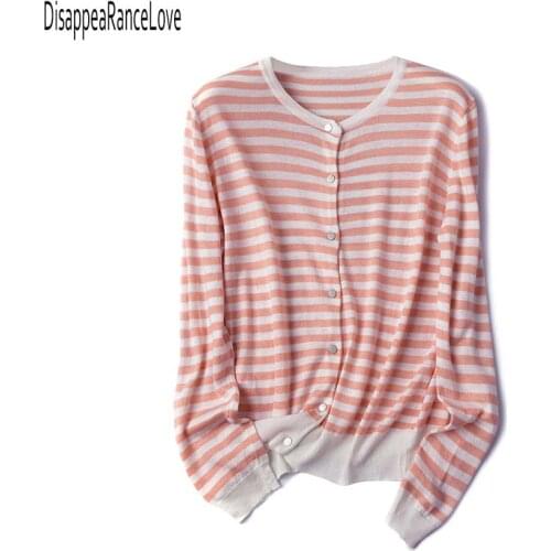 Sweet Button Down Sweater Cardigan Women Loose Knit Coat Autumn Spring Casual Lady Long Sleeve O Neck Stripe Outerwear Sweater