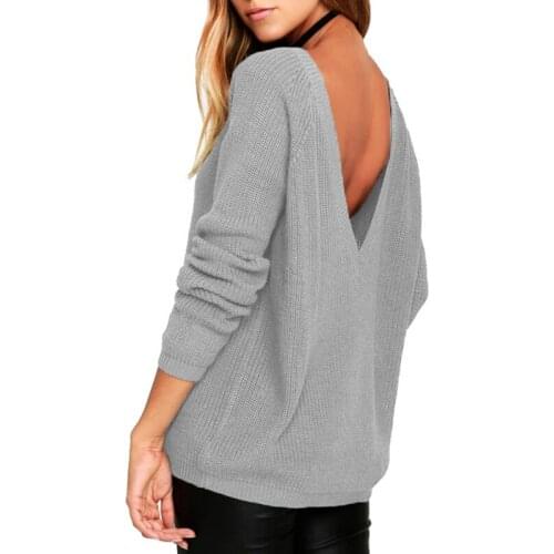 LOGAMI Back V Neck Knitted Sexy Sweater Women Pullover Long Sleeve Spring Autumn Sweaters And Pullovers