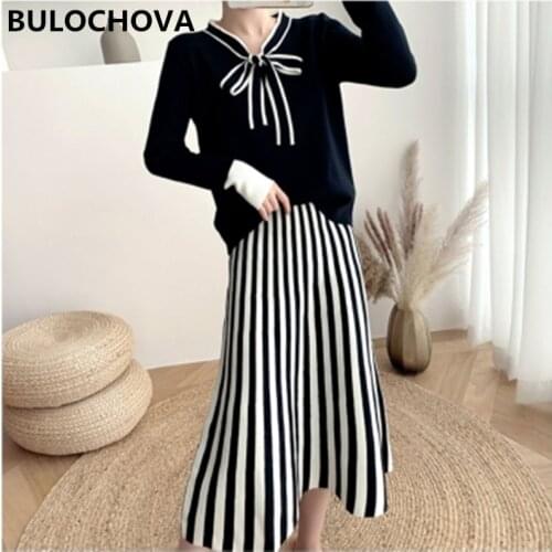 French Vintage Knit Womens Suits Clothes 2021 Autumn Ladies Bow V Neck Pullovers Tops + High Waist Striped Long Skirt 2PCS Sets