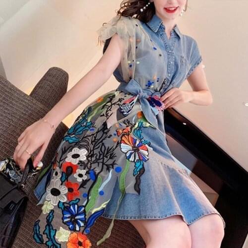 French retro mesh stitching denim dress womens waist was thinner 2021 summer Korean fashion womens clothing
