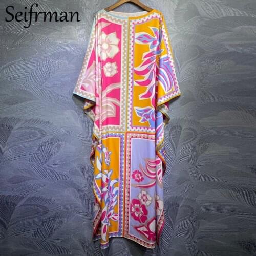 Seifrmann Women Summer Fashion Runway Holiday Long Dress Batwing Sleeve Floral Print Elegant Vintage Ladies Maxi Dresses 2021