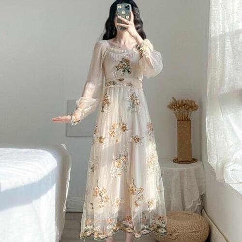 2021 Spring Women French Romantic Floral Embroidery Mesh Midi Dress Elegant Long-Sleeved Chic Feminine Dress Robe
