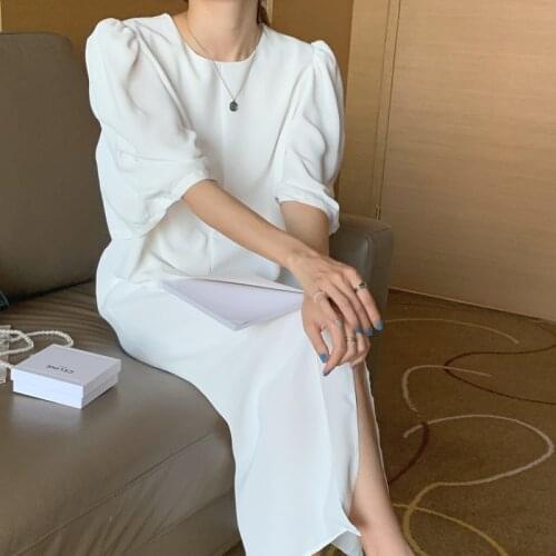 Summer Casual White Dress Women Robe Puff Sleeve Loose Split Vintage Dress Solid Color Female Vestidos Korean Clothing