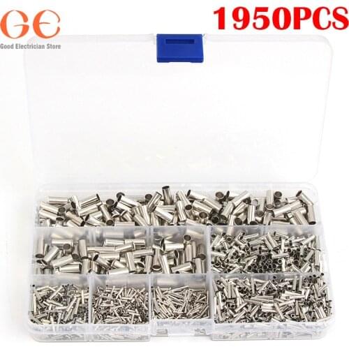 1950Pcs 0.5-6.0mm2 Uninsulated Copper Terminal Bootlace Ferrules Cord End Electrical Cable Crimp Terminals car accessories
