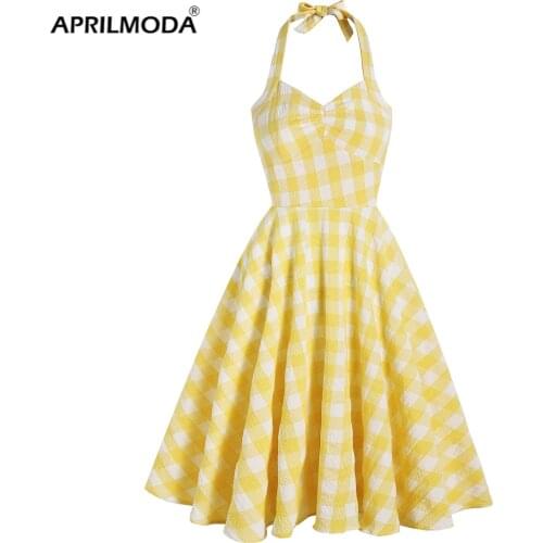 2021 England Style Yellow Plaid Halter Women Party Dress Backless Retro Vintage 50s 60s Short Pin Up Swing Rockabilly Sundress
