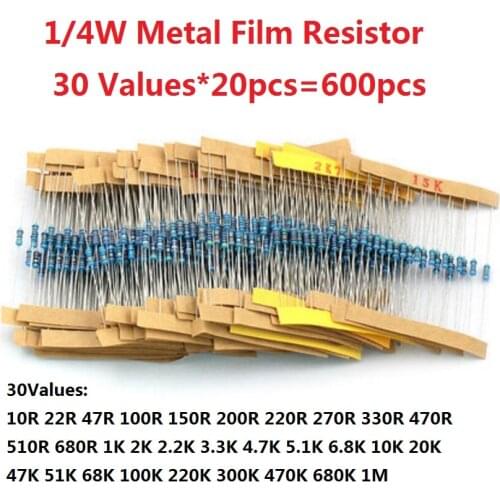 600 Pcs (30 Kinds x Each 20pcs) Value Metal Film Resistor pack 1/4W 1% resistor assorted Kit Set 1K 10K 10R 22R 100R 150R 200R