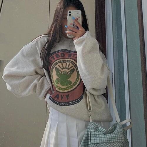 B-TOTO American Retro Gray Loose Round Neck Sweater Trendy Ins Womens Hedging Spring And Autumn Thin Section 2021 New Fashion