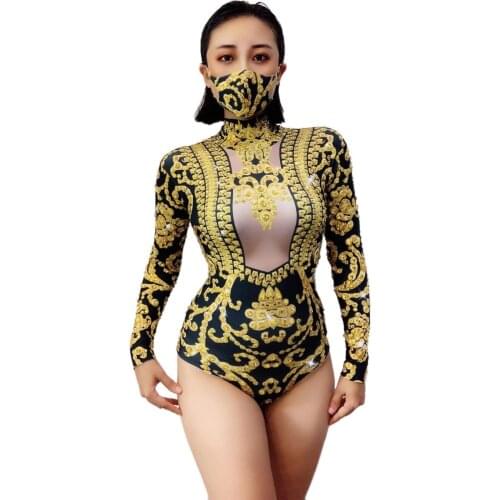 Black Gold Rhinestone Long Sleeve Printed Bodysuit Festival Birthday Celebrate Outfit Prom Women Dance Show Stage Wear