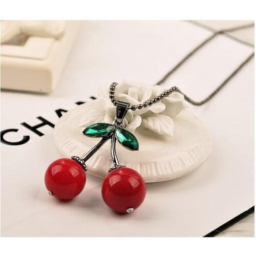 Gift geometric round red cherry colorful necklace sweater chain fruit three-dimensional cherry zircon pendant necklace jewelry