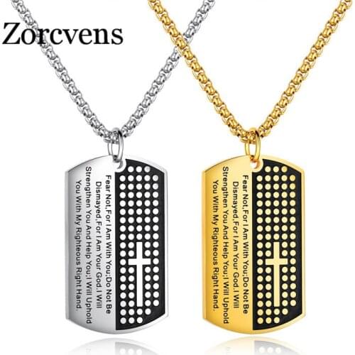ZORCVENS Dog Tag Cross Necklaces & Pendant Gold Color Stainless Steel Chain Bible Scripture Christian Jewelry Christmas Gift