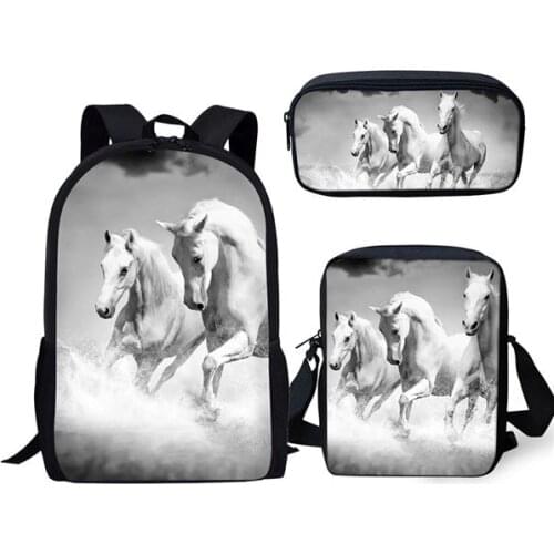 Children School Bags White Horses Pattern Book Bags Animal Designer Primary Students Backpack/Flaps Bag/Pen Bags