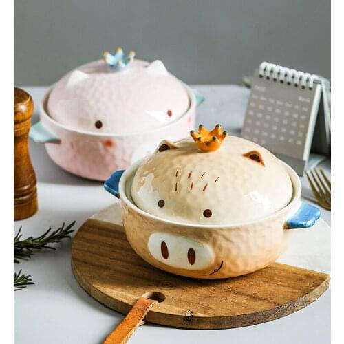 Ceramic noodles soup rice bowl with cover lovely cartoon big rabbit handpainted stew tableware